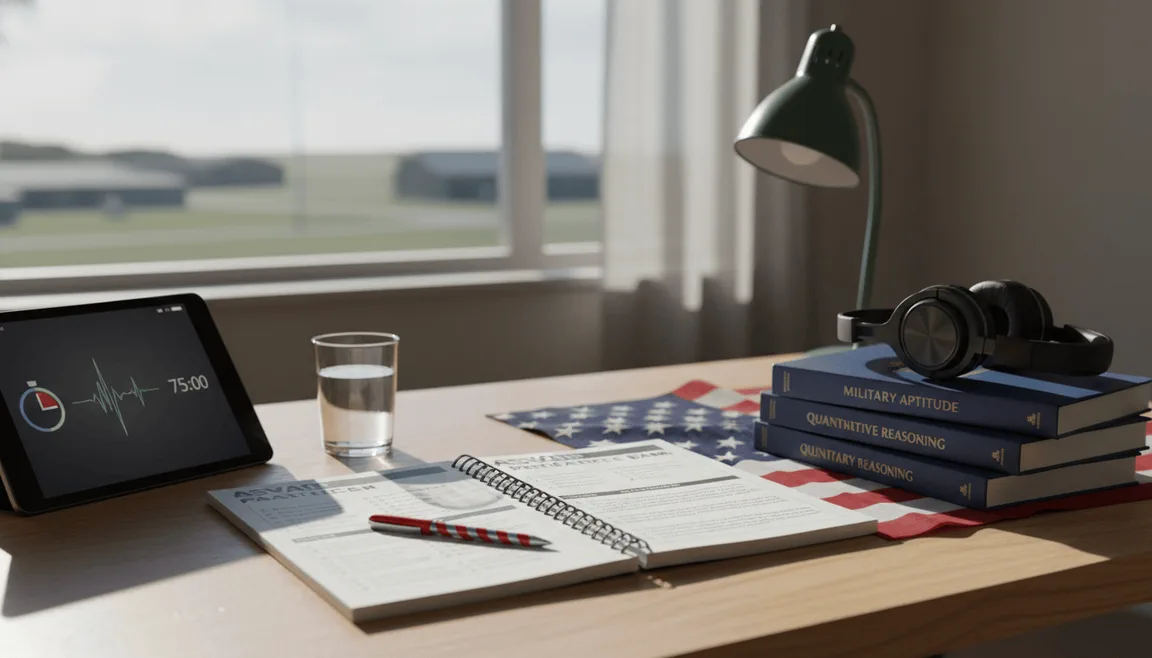 Desk with a completed practice exam booklet, an analog clock, and a pencil arranged under warm natural light