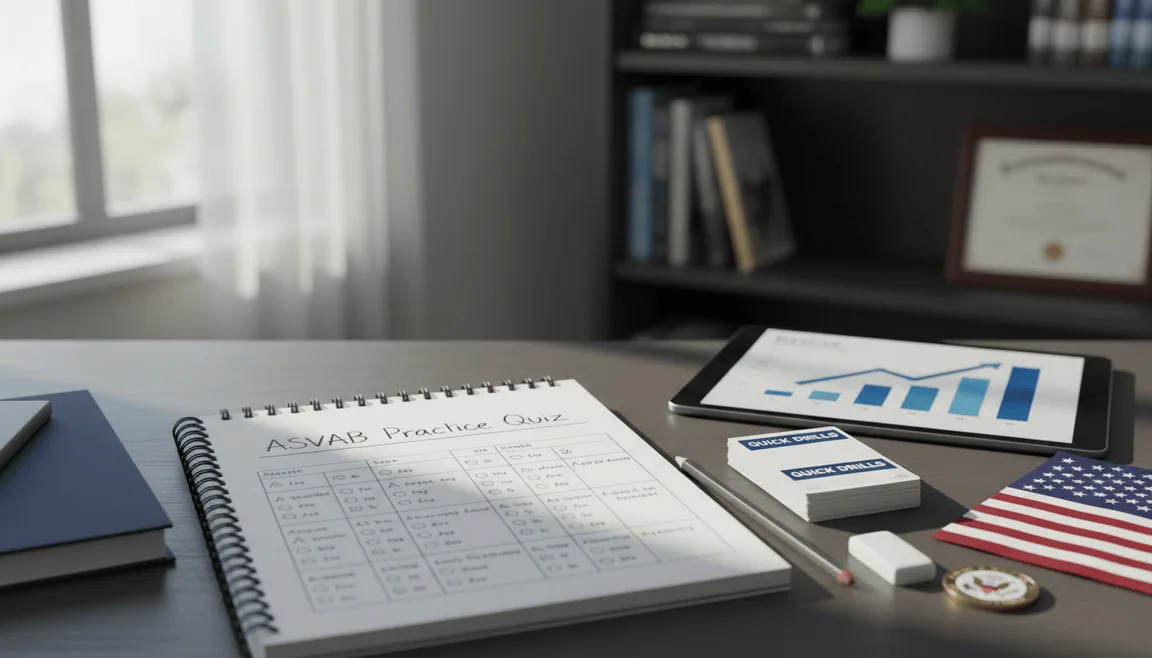 Close-up of a hand writing answers in a notebook next to flashcards and a phone timer on a wooden study desk