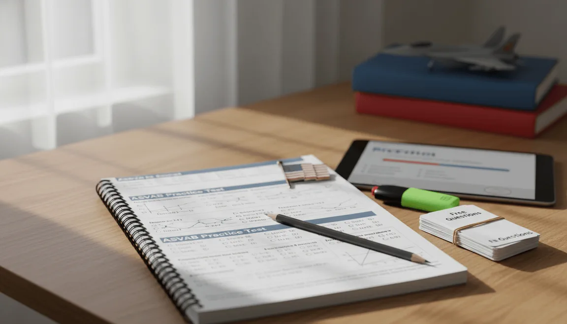 Study desk with a notebook, pencil, and printed practice test sheets beside a small American flag in natural window light