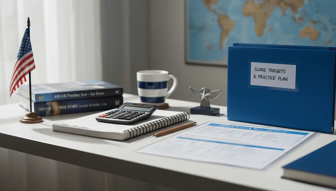 Study desk with ASVAB practice materials and a notebook, arranged for a post about Air Force ASVAB practice testing
