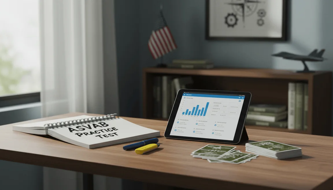Person at a desk comparing notes in a notebook while a laptop sits open nearby, with a small flag pin on the desk
