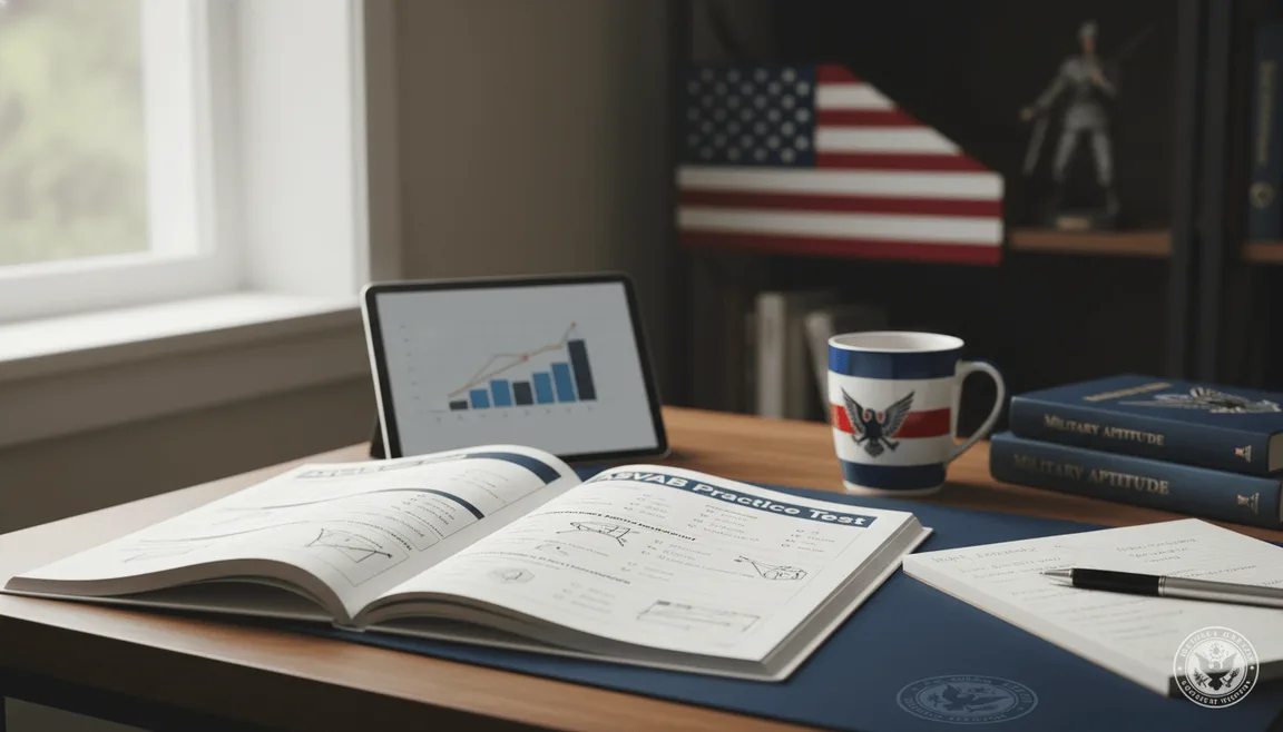A study desk with an open notebook, practice test sheets, and a pencil in natural light, arranged for military test preparation