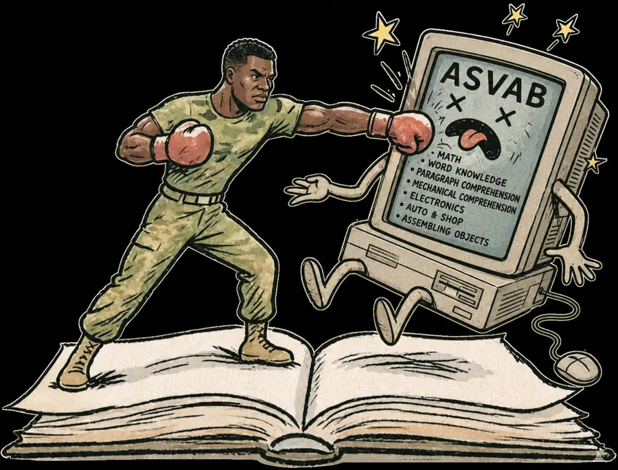 Illustration of a recruit punching the ASVAB test book